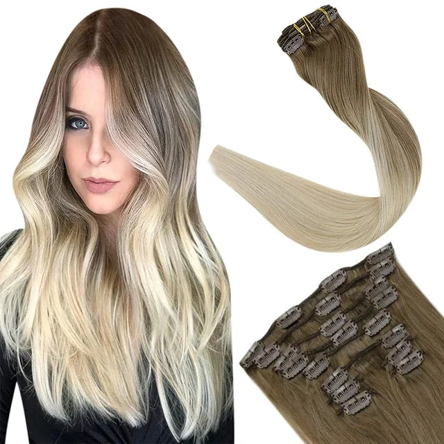 EXTENSION LUXURY CLIPS 100gr Pelo Humano Sin Costuras Invisible Balayage Suave Remy Extensiones Para Salón