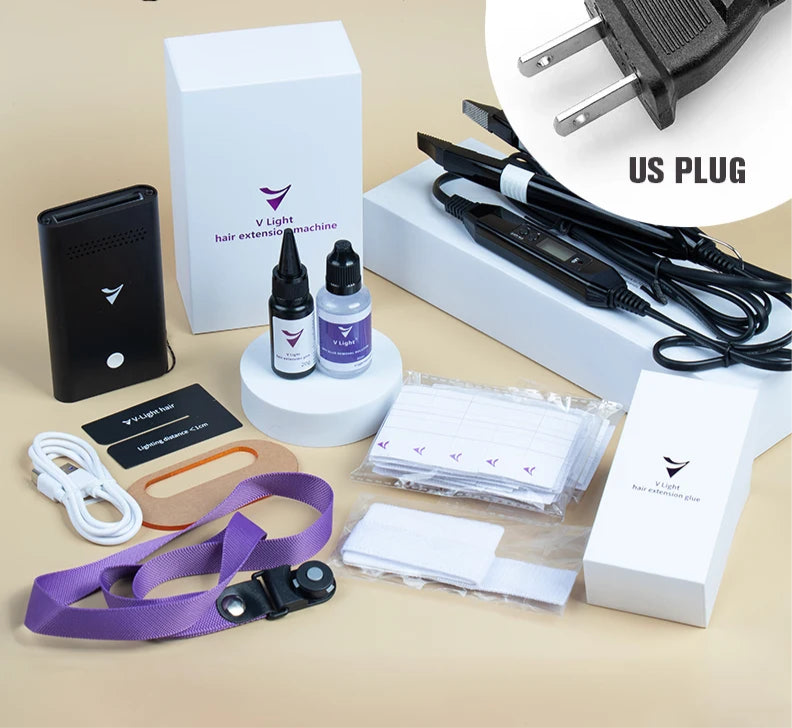 Kit de máquina de extensión de cabello V-Light Herramientas de injerto rápido. Removedor de pegamento Tecnología V-Light Juego de extensiones de cabello para cabello con cinta adhesiva y pegue líquido