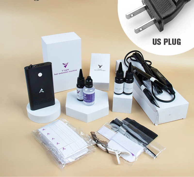 Kit de máquina de extensión de cabello V-Light Herramientas de injerto rápido. Removedor de pegamento Tecnología V-Light Juego de extensiones de cabello para cabello con cinta adhesiva y pegue líquido