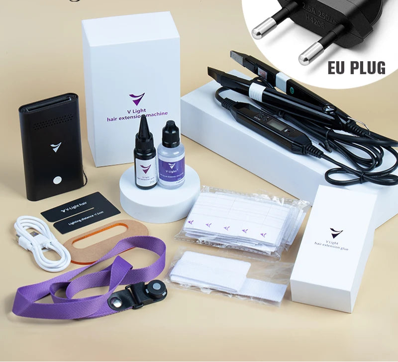 Kit de máquina de extensión de cabello V-Light Herramientas de injerto rápido. Removedor de pegamento Tecnología V-Light Juego de extensiones de cabello para cabello con cinta adhesiva y pegue líquido