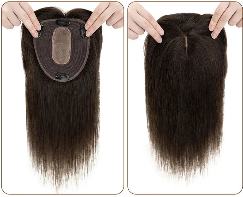 Topper base para mujer con 3 clips de cabello humano Remy , pieza de pelo natural ,sedoso y transpirable, 12x13 cm, pelucas de cabello real