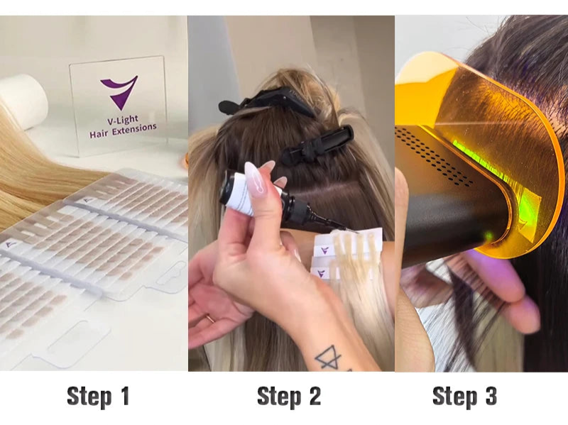 Kit de máquina de extensión de cabello V-Light Herramientas de injerto rápido. Removedor de pegamento Tecnología V-Light Juego de extensiones de cabello para cabello con cinta adhesiva y pegue líquido