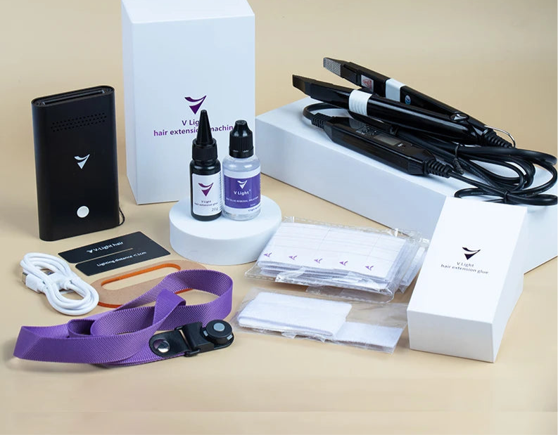 Kit de máquina de extensión de cabello V-Light Herramientas de injerto rápido. Removedor de pegamento Tecnología V-Light Juego de extensiones de cabello para cabello con cinta adhesiva y pegue líquido