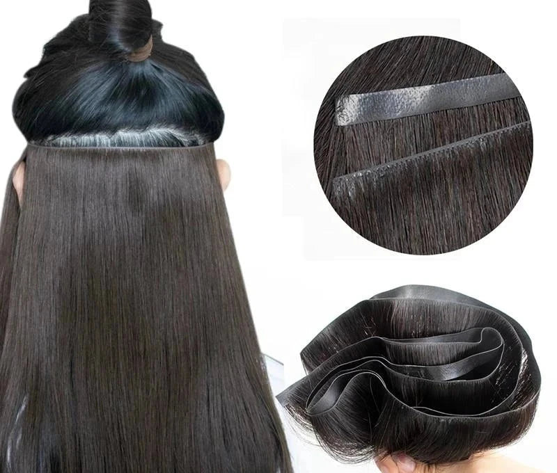 Extensiones de cabello humano con trama de PU de cinta larga invisible, cabello natural real, sin costuras ni pegamento Extensions con puntas llenas