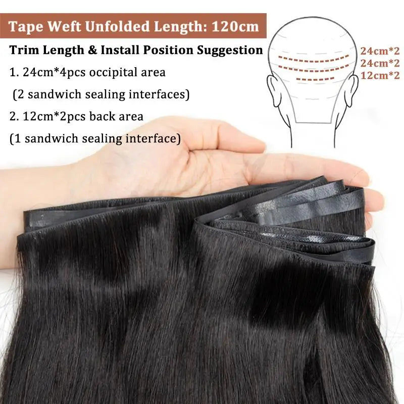 Extensiones de cabello humano con trama de PU de cinta larga invisible, cabello natural real, sin costuras ni pegamento Extensions con puntas llenas